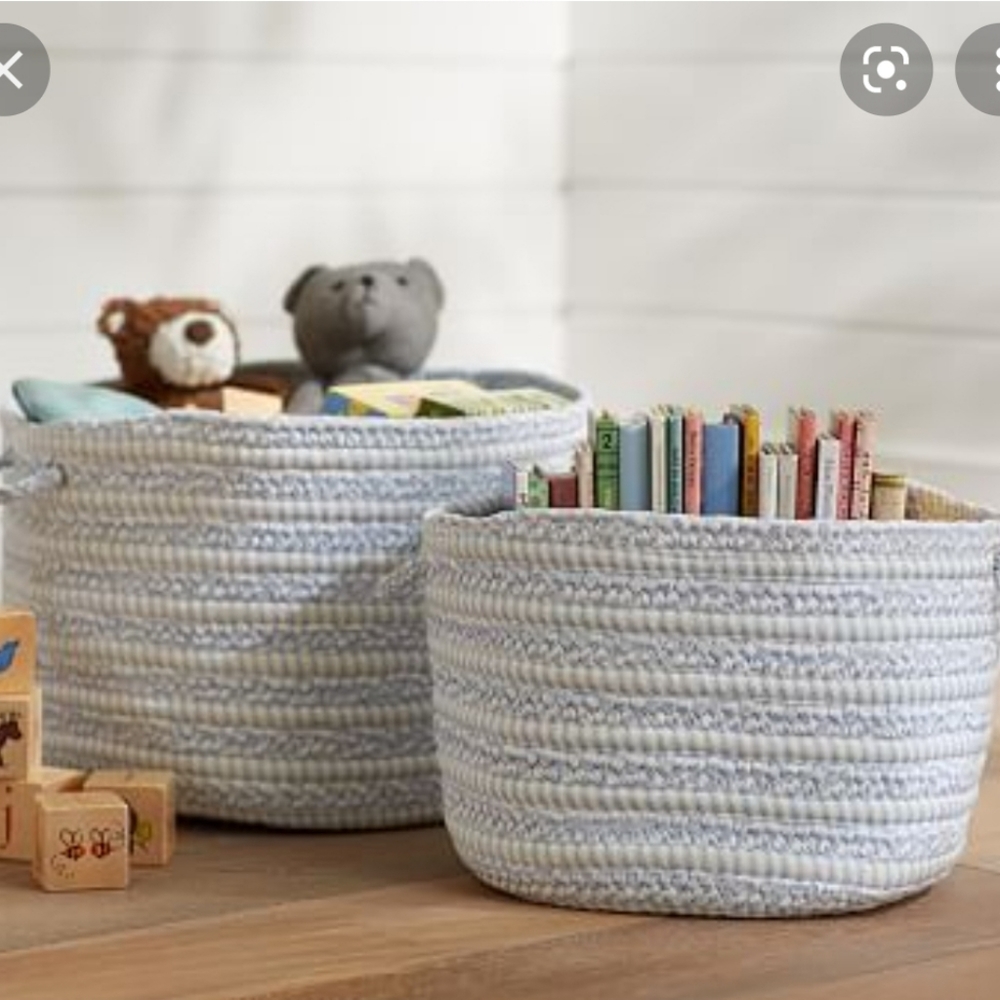 Pottery barn kids woven baby blue and white storage basket